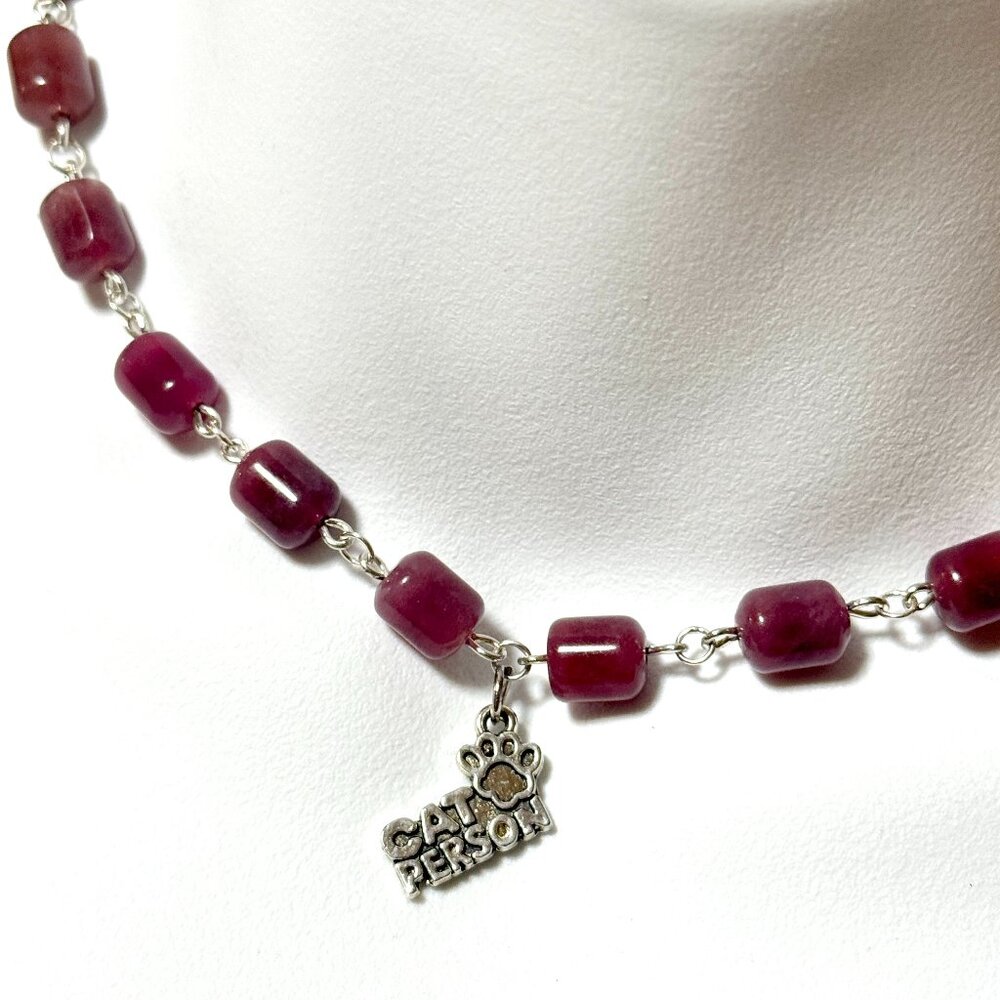 Genuine Magenta Chalcedony Short Necklace, Gemstone & Cat Person Paw Print Charm